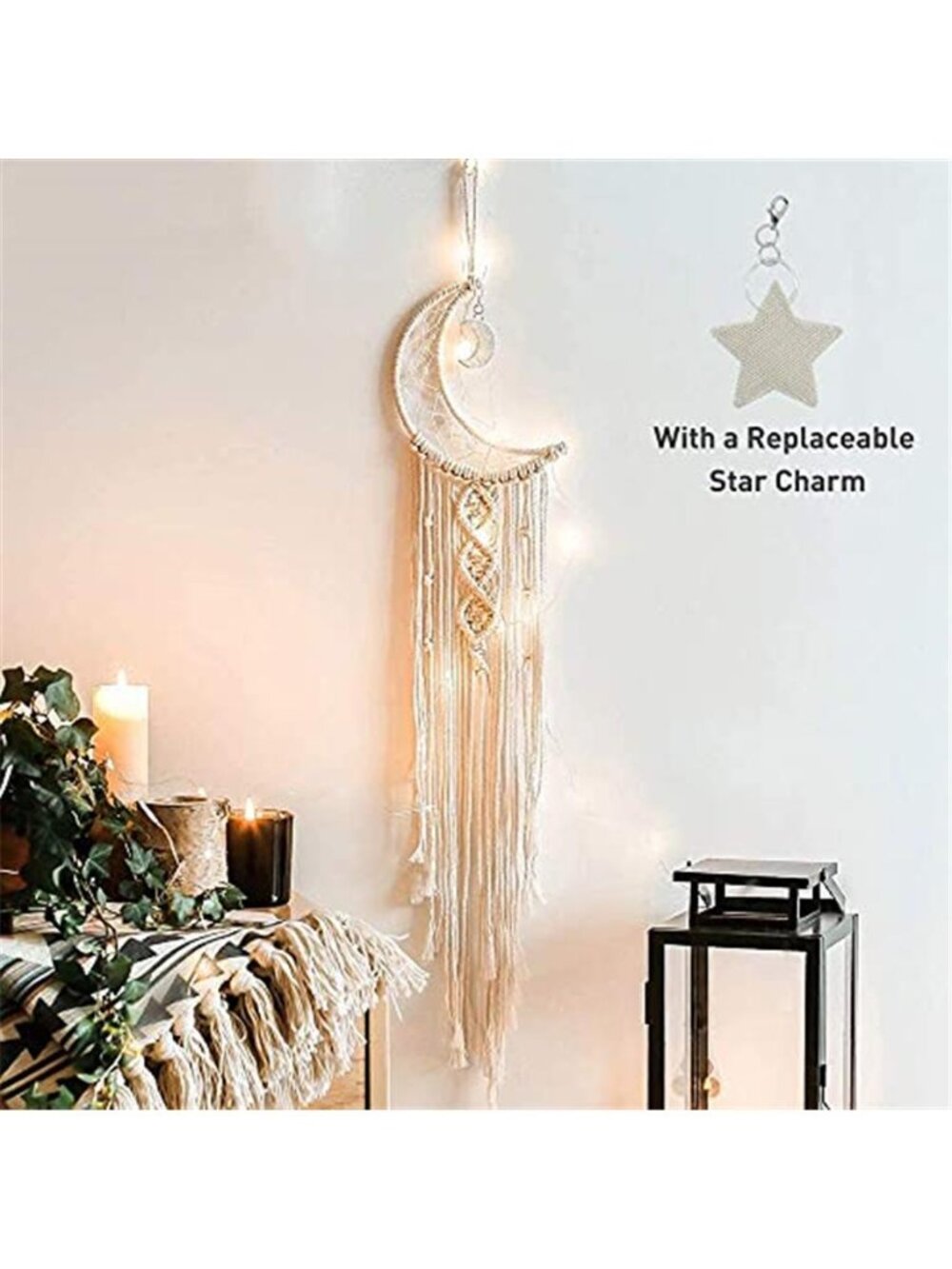 Boho Macrame Woven Wall Hanging, Crochet Crescent Moon Star Dream Catcher